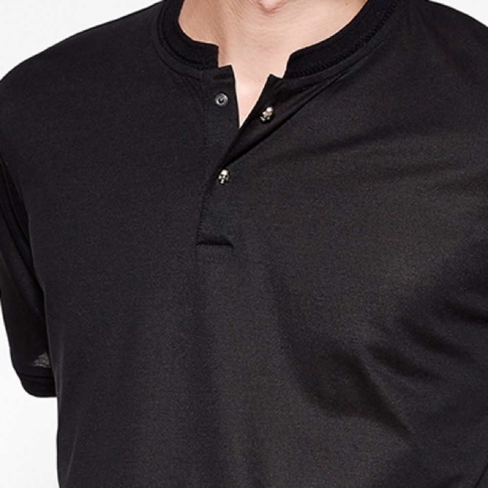 BLACK POLO SHIRT WITH BAND COLLAR AND SKULL BUTTON